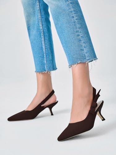 Coutgo Womens Slingback Kitten Heels Closed Pointed Toe Bowknot Knitted Slip On Work Pumps Dress Shoes, Coffee, Size 8.5 - Image 3