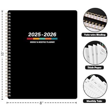 2025-2026 Planner – 2025-2026 Planner Weekly and Monthly, Jul. 2025 - Jun. 2026, 8" x 10", Monthly Tabs, Spiral Binding, Thick Paper, Classic Black - Image 2