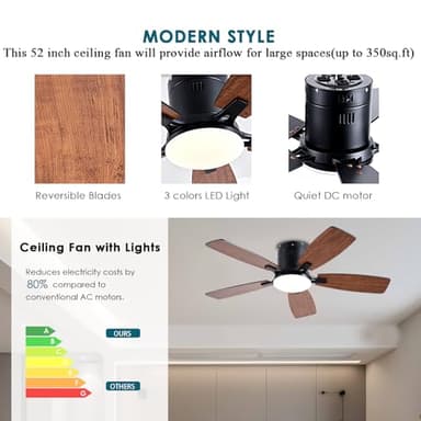 Ayaoty Ceiling Fans with Lights, 42 inch Low Profile Ceiling Fan with Light and Remote Control, Flush Mount, LED Dimmable DC Reversible Modern Ceiling Fan for Bedroom - Image 6