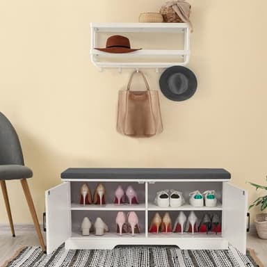 HOMSHO 2-Tier Storage Bench, 39.4" Wide Shoe Bench with Padded Seat Cushion, Entryway Bench with 2 Barn Doors and Adjustable Shelf, White - Image 8