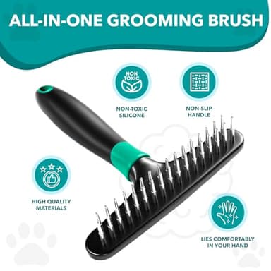DOGI Deshedding Brush Comb - Undercoat Rake for Dogs, Cats, Short, Long Hair Coats - Double Row Stainless Steel Pins - Reduce Shedding by 90% (Green) - Image 2