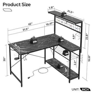 Bestier 42 L Shaped Gaming Desk, Computer Desk with Power Outlets & LED Light, Reversible Corner Desk with Shelves, Home Office Desk with Storage, Black Marble - Image 2