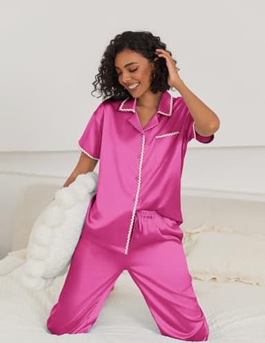Ekouaer Silk Pajamas for Women Set Satin Two Piece Pjs Sets Ric Rac Trim Contrast Loungewear Rose - Image 2