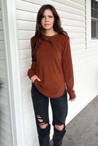 OFEEFAN Womens Sweatshirt Loose Fit Tops for Women Casual Fall Side Spilt Womens Fall Fashion 2025 boho tops for women Caramel S - Image 2