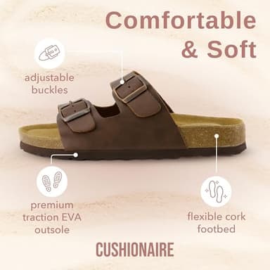 CUSHIONAIRE Lane Cork Footbed Sandals for Women – Comfortable Double Buckle Slip-On with Genuine Suede Footbed & Arch Support Slides for Women Footwear, BROWN 10 - Image 4