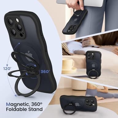 CAPRARO for iPhone 13 Pro Case with 360° Spin Magnetic Stand for Women, [Compatible with MagSafe] [Full Camera Protection] Cute Wave Translucent Matte Case for iPhone 13 Pro, Black - Image 5