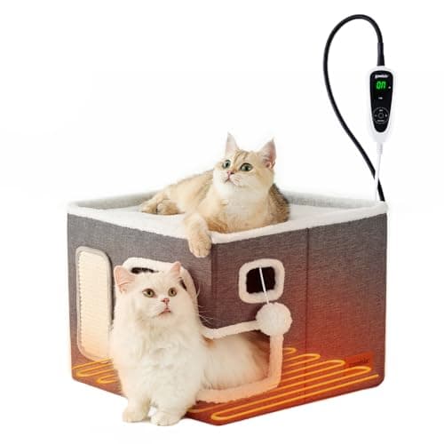 ZOMISIA Heated Cat House for Indoor Cats - Cat Warming Bed for Winter with Fluffy Ball Hanging and Adjustable Heating Pad, Foldable Cat Hideaway,16.5x16.5x13 inches, Grey - Image 1