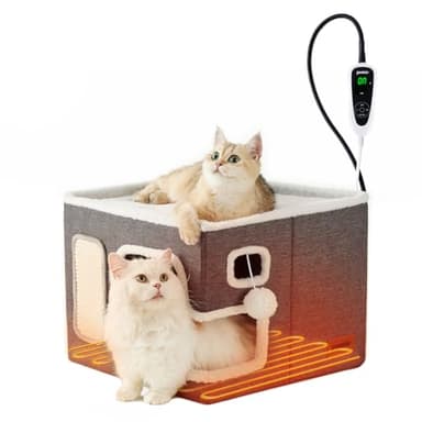 ZOMISIA Heated Cat House for Indoor Cats - Cat Warming Bed for Winter with Fluffy Ball Hanging and Adjustable Heating Pad, Foldable Cat Hideaway,16.5x16.5x13 inches, Grey - Image 1
