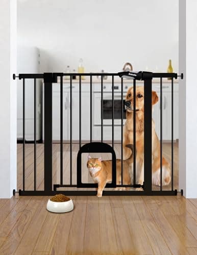 Babelio Upgraded Baby Gate with Cat Door, 29-43" Auto Close Durable Dog Gate for Stairs, Doorways and House, Easy Walk Thru Safety Gate with Pet Door Includes 4 Wall Cups, Black - Image 1