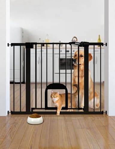 Babelio Upgraded Baby Gate with Cat Door, 29-43" Auto Close Durable Dog Gate for Stairs, Doorways and House, Easy Walk Thru Safety Gate with Pet Door Includes 4 Wall Cups, Black - Image 1