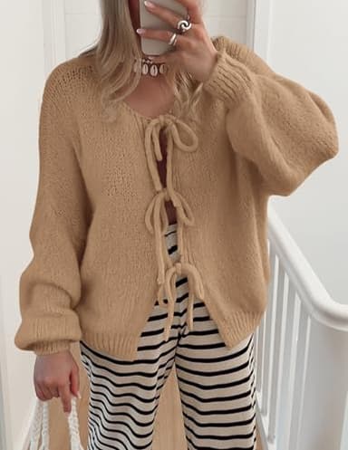 PRETTYGARDEN Women's Tie Front Bow Cardigan Sweaters Chunky Knit Long Puff Sleeve Trendy Fall Winter Jacket Coats (Camel,Medium) - Image 5