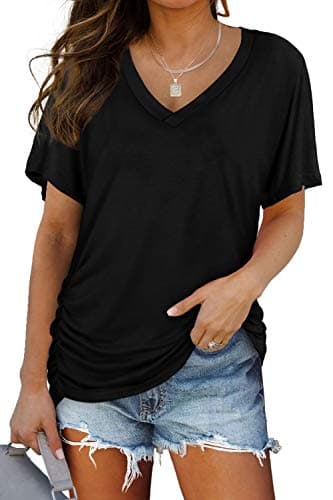 Black Womens Summer Tops Dolman Short Sleeve Shirts Business Casual Outfits Cross V Neck Loose Fit Ladies Tops Blouses Cruise Summer Tshirts L - Image 1