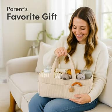 PUTSKA Baby Diaper Caddy Organizer for Changing Table – Stylish Nursery Storage Basket, Newborn Essentials, Baby Shower Gifts and Registry Must-Haves for Boy or Girl, Car Diaper Caddy, Corduroy Cream - Image 5