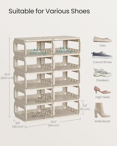 SONGMICS Shoe Rack, Shoe Organizer, 12 Shelves, Shoe Storage, Narrow Shoe Shelf, Open Shelf for Entryway, Living Room, Bathroom, Space-Saving, Cappuccino Beige ULPC038K01 - Image 6