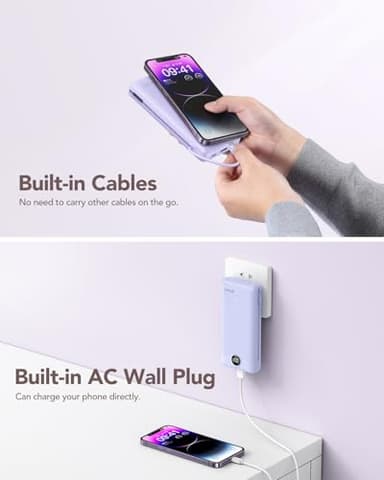 VRURC Portable Charger 20000mAh, Fast Charging Power Bank USB C,4 Output 2 Input Travel Essentials Charging Bank Equipped with LED Display,Built-in Wall Plug and Cables,Phone Charger Battery,Purple - Image 4