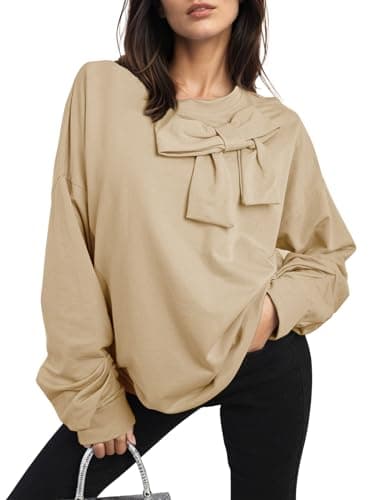 Cakulo 2025 Oversized Sweatshirts for Women Loose Fit Fall Fashion Crewneck Long Sleeve Casual Cute Bow Tunic Tops Khaki M - Image 1