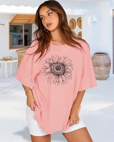 Womens Oversized Tshirt Graphic Tees Crew Neck Summer Short Sleeve Loose Fit Tops（Pink Sunflower, 3XL） - Image 6