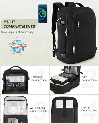 Travel Backpack for Women Men, 40L Carry on Flight Approved Backpack, Personal Item Travel Bag with Multi-Pockets, Waterproof Travel Bag Fits 17 Inch Laptop, Gift for Weekender, College, Work, Black - Image 6