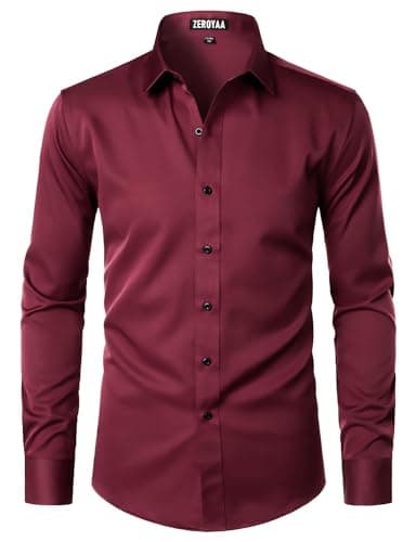 ZEROYAA Men's Long Sleeve Dress Shirt Fitted Wrinkle-Free Casual Business Button Up Shirts ZSSCL07-Burgundy Medium - Image 1