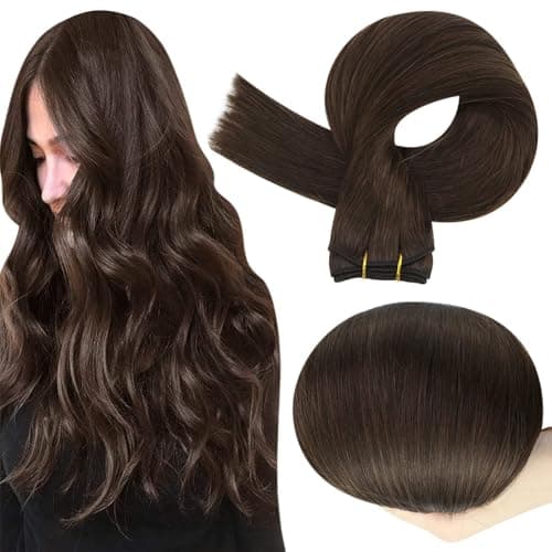 Full Shine Brown Weft Hair Extensions Real Human Hair Straight Remy Hair Bundles 105G Double Weft Extensions Dark Brown Sew In Hair Extensions Real Human Hair Weave Extensions Human Hair Wefts 24 Inch - Image 1
