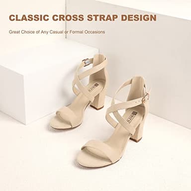 IDIFU Women's IN3 Grace Strappy Block Heels Sandals Comfy Open Toe Chunky Dress Wedding Shoes with Adjustable Cross Strap (8, Nude Suede) - Image 4