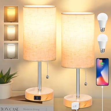 Set of 2 Table Lamps for Bedroom, 2700K/4000K/5000K Bedside Lamp Nightstand Lamp with Pull Chain and AC Outlet, Table Lamp for Living Room Reading Kids Room Wood Grain (8W LED Bulbs Included). - Image 1