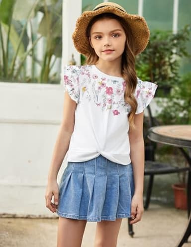 Arshiner Floral Tops for Girls Ruffle Short Sleeve Girls Ruffle Shirt Loose Round Neck Kids Plain T Shirts Flowers - Image 2