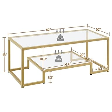 Yaheetech Gold Coffee Table, 42" Rectangular Glass Coffee Table for Living Room, 2-Tier Center Tea Tables with Metal Frame for Small Space, Apartment, Office - Image 3