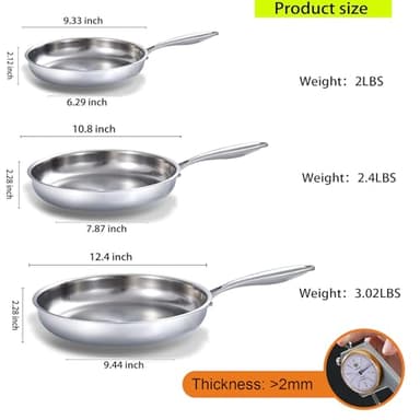 DELARLO Whole Body Tri-Ply Stainless Steel Frying Pan set, 8”/10”/12” Cooking pans, Kitchen Cookware Set, Fast Heating Chef's pan with Ergonomic Handles, Suitable for All Stove - Image 4
