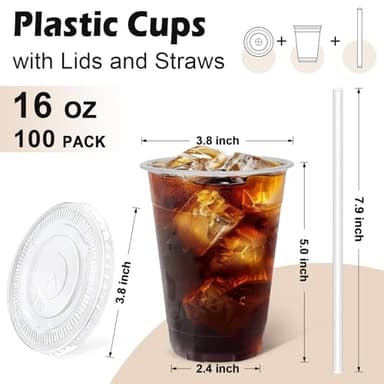 Lamosi 100 Pack 16 oz Clear Plastic Cups with Lids and Straws, Disposable Plastic Coffee Cups with Lids for Iced Coffee, Cold Beverages, Smoothies and To-Go Drinks - Image 2
