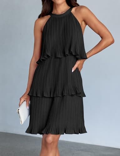ZESICA Women's 2025 Summer Halter Dresses Sleeveless Ruffle Tiered Layered Chiffon Pleated A Line Swing Mini Dress,DarkBlack,Medium - Image 2