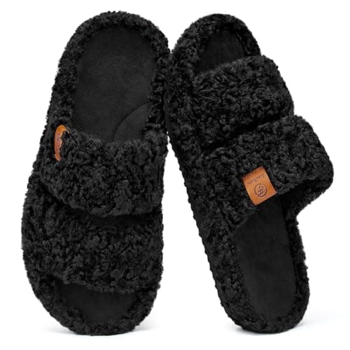 EverFoams Womens Fuzzy Open-toe Slippers Soft Comfy Memory Foam Indoor House Shoes Matt Black,7-8 US - Image 1