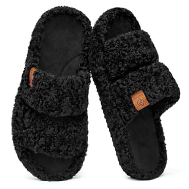 EverFoams Womens Fuzzy Open-toe Slippers Soft Comfy Memory Foam Indoor House Shoes Matt Black,7-8 US - Image 1