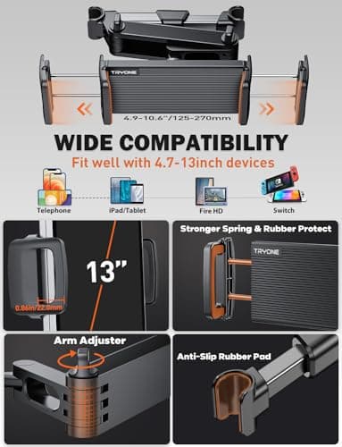 Tryone Car Headrest Tablet Holder Mount Stretchable Backseat Tablets Stand for Kids, Car Seat Mounts Compatible with iPad Pro 12.9 Air Mini, iPhone, Galaxy Tab, Switch, All 4.7-12.9" Screen Devices - Image 6