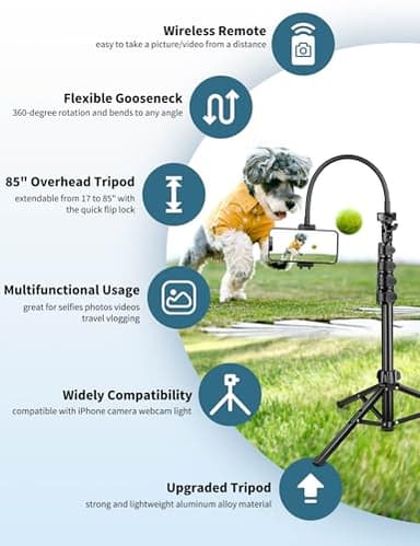 Nineigh Phone Tripod, 85" Tripod for Cell Phone iPhone with Gooseneck, Aluminum Tripods Stand for Video Recording Photo Vlog, Travel Cellphone Tripod with Remote Compatible with iPhone Android - Image 5