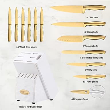 Marco Almond® Gold Knife Set, Knife Block Set MA21,Titanium Coated 14 Pieces Stainless Steel Chef Gold Kitchen Knife Sets with White Block - Image 6