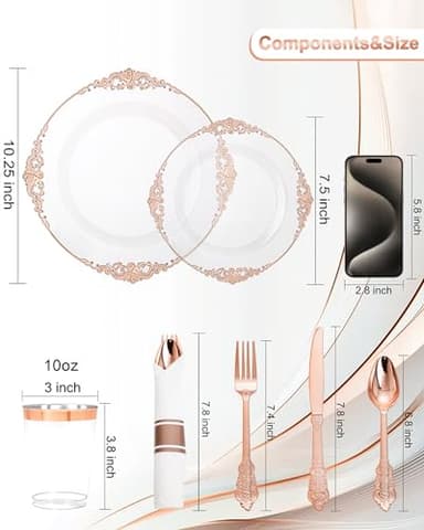 Nervure 350PCS Rose Gold Plastic Plates - Rose Gold Plastic Dinnerware Sets for 50 Guests - 100 Disposable Plates, 150 Silverware, 50 Cups, 50 Napkins for Wedding & Party - Image 3