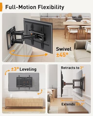 Perlegear Full Motion TV Mount for 32-65 Inch TVs up to 99 lbs, Max VESA 400x400mm, Fits 16”/12” Wood Studs, Height Adjustable Pre-Assembled TV Wall Mount, Tool-Free Tilt, Swivel & Extension, PGMF21 - Image 8