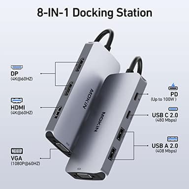 USB C Docking Station Dual DisplayPort, 8 in 1 USB Hub with 2 DP, HDMI, VGA, USB C 2.0, A 2.0, PD Charging Port, Multi Monitor Adapter for Dell/HP/Lenovo Laptops - Image 2