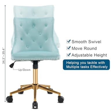 VINGLI Light Blue Armless Home Office Desk Chair with Gold Base/Wheels, Small Cute Vanity/Makeup Chair with Back for Bedroom, Upholstered Adjustable Rolling Swivel Nail Chair for Women/Girls - Image 7