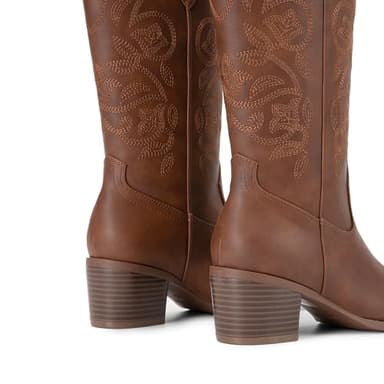 DREAM PAIRS Cowboy Boots for Women Cowgirl Western Boots Fashion Embroidery Stitched Chunky Heel Mid Calf Boots,Size 7,Brown-Pu,DWUMMB2504 - Image 3