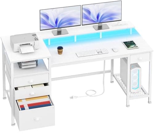 Furologee 60" White Office Computer Desk with 4 Drawers,Gaming Desk with LED Lights and Power Outlets,Long Desk with Fabric File Cabinet,Study Writing Work Table with Shelf for Bedroom Home Office - Image 1