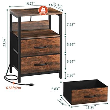 Yoobure Nightstand with Charging Station, Small Night Stand with Fabric Drawers and Storage Shelf for Bedrooms, Small Spaces, Bedside Table with USB Ports & Outlets - Image 3