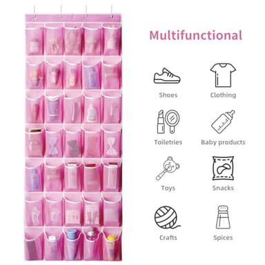 SAVERHO 35 Pockets Over the Door Shoe Organizer, Hanging Shoe Organizer for Door with 35 Mesh Pockets Large Capacity Shoe Hanging Storage Bag with 4 Metal Hooks (Pink-1Pack) - Image 7