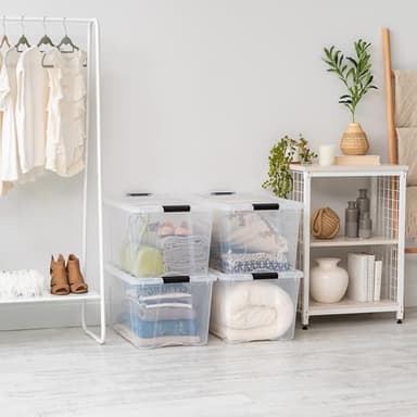 IRIS USA 72 Qt Stackable Plastic Storage Bins with Lids, 4 Pack - BPA-Free, Made in USA - See-Through Organizing Solution, Latches, Durable Nestable Containers, Secure Pull Handle - Clear - Image 6