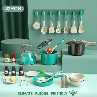 Bruvoalon 32Pcs Kids Play Kitchen Toys Set, Toddlers Pretend Cooking Playset Acccessories with Pots Pans, Utensils Cookware, Foods, Canned Veges, Learning Gift for Kids Girls Boys (Green) - Image 2