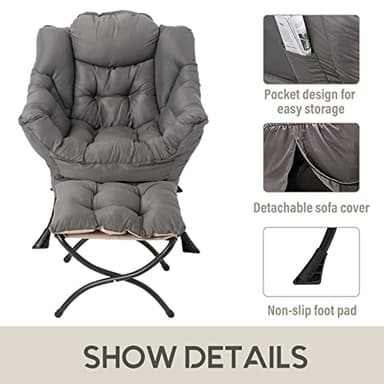 LITA Lazy Chair with Ottoman, Modern Accent Leisure Upholstered Lazy Sofa Armchair, Contemporary Lounge Reading Chair with Armrests and a Side Pocket for Living Room, Bedroom & Small Space, Dark Grey - Image 6