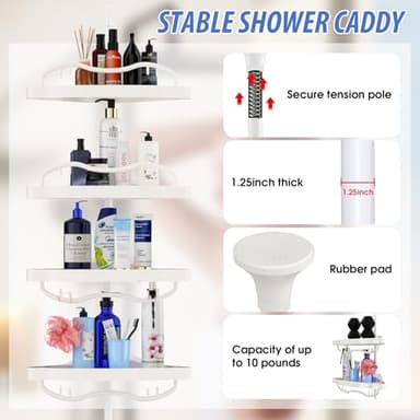CALCHELE Shower Caddy Corner for Bathroom, Rustproof Bathtub Shower Storage Organizer for Shampoo Accessories, 4-Tier Adjustable Shelves with Tension Pole, 54 to 114 Inch White - Image 5