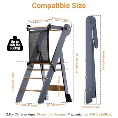 COSYLAND Foldable Toddler Standing Tower - Adjustable Height Folding Step Stool Kids Toddler Kitchen Stool Helper for Learning and Cooking - Ages 18 Months to 6 Years with Safety net Natural & Grey - Image 7