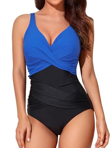 Smismivo Tummy Control Swimsuits for Women Slimming One Piece Bathing Suit Modest Padded Ruched Push Up Long Torso Curvy Shapewear V Neck Criss Cross Full Coverage Swimwear (Roya Blue Black) - Image 1